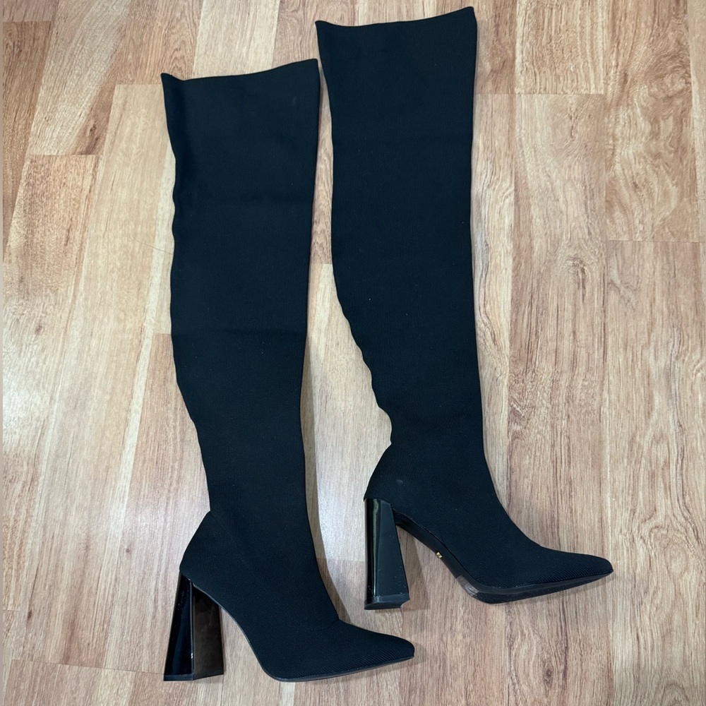 Black Knit Stretch Thigh-High Boots Size 7 Block 4”Heel Cuffed Pull On